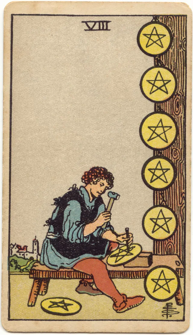 Eight of Pentacles — 1909 Rider–Waite–Smith Tarot card