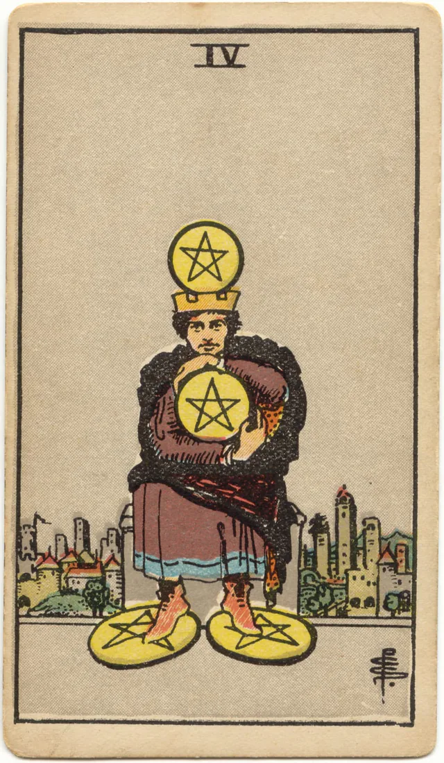 Four of Pentacles — 1909 Rider–Waite–Smith Tarot card