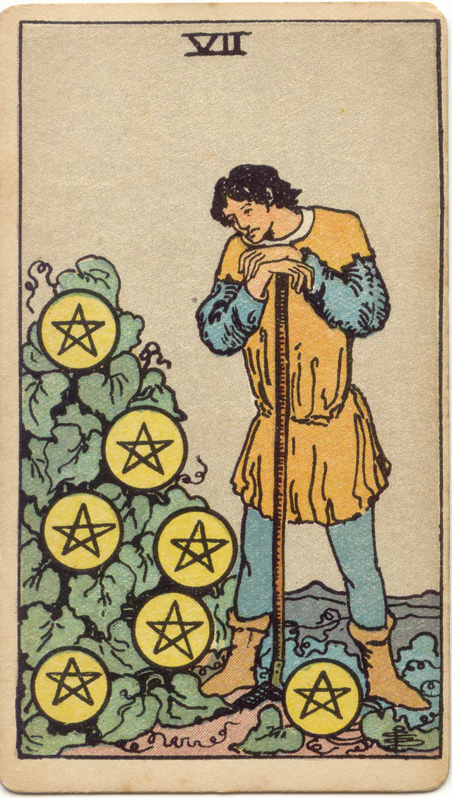 Seven of Pentacles — 1909 Rider–Waite–Smith Tarot card