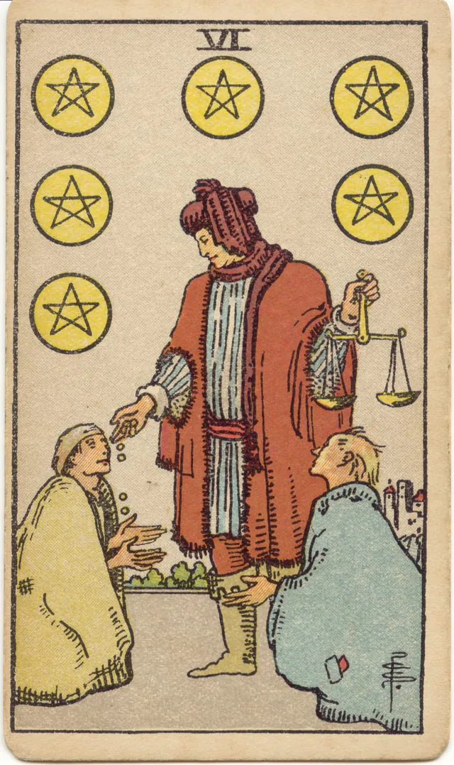 Six of Pentacles — 1909 Rider–Waite–Smith Tarot card