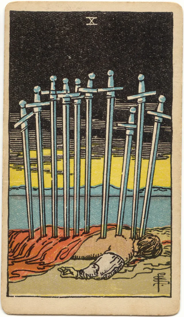 Ten of Swords — 1909 Rider–Waite–Smith Tarot card