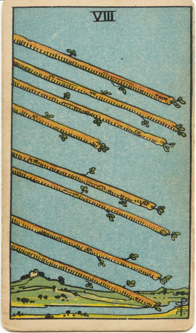 Eight of Wands — 1909 Rider–Waite–Smith Tarot card