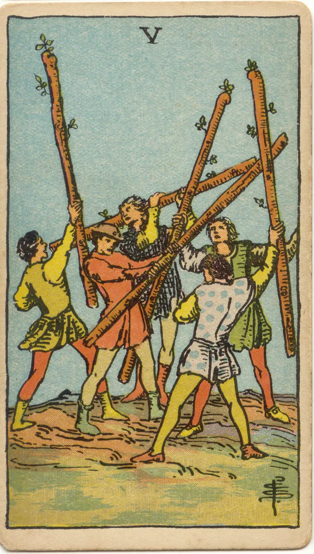 Five of Wands — 1909 Rider–Waite–Smith Tarot card
