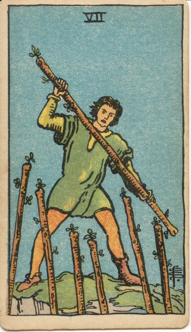 Seven of Wands — 1909 Rider–Waite–Smith Tarot card