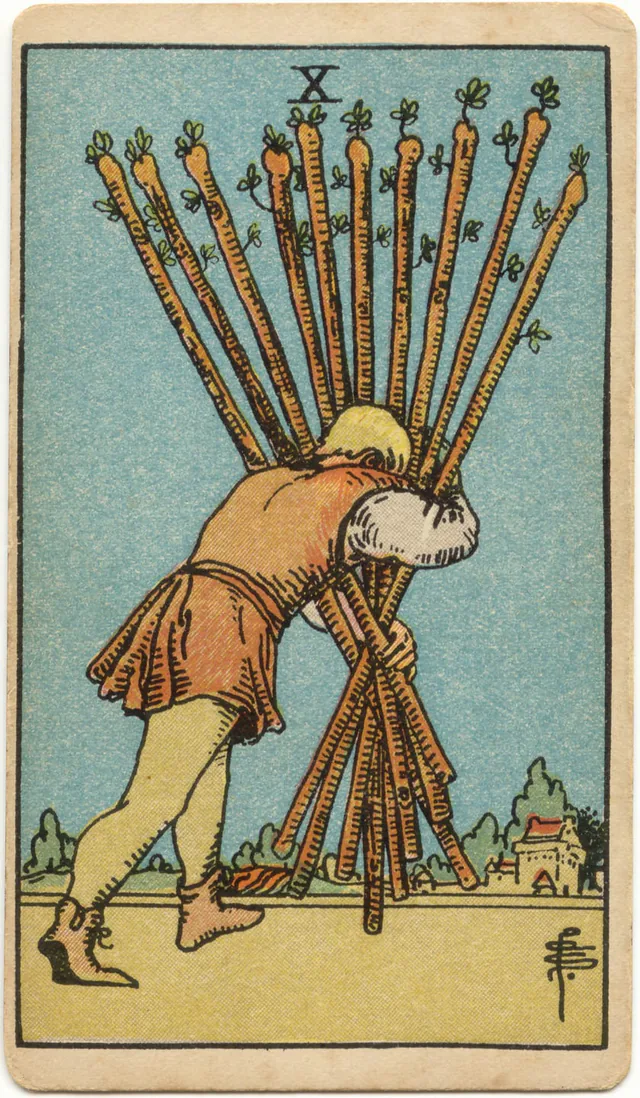 Ten of Wands — 1909 Rider–Waite–Smith Tarot card
