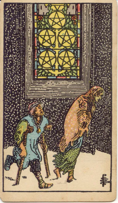 Five of Pentacles — 1909 Rider–Waite–Smith Tarot card