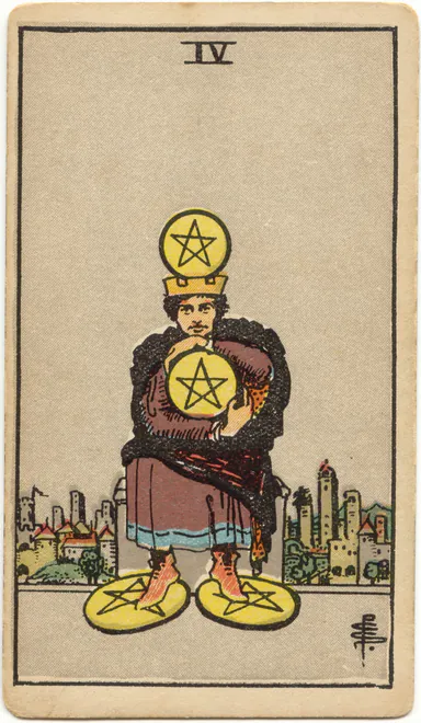 Four of Pentacles — 1909 Rider–Waite–Smith Tarot card