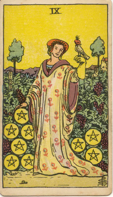 Nine of Pentacles — 1909 Rider–Waite–Smith Tarot card