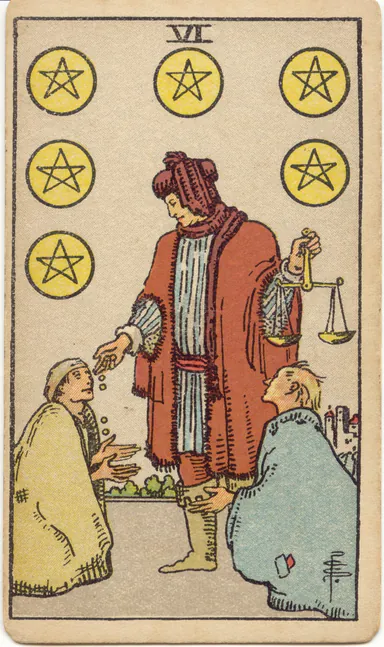 Six of Pentacles — 1909 Rider–Waite–Smith Tarot card