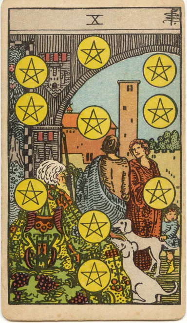 Ten of Pentacles — 1909 Rider–Waite–Smith Tarot card