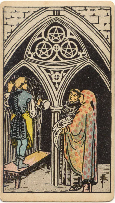 Three of Pentacles — 1909 Rider–Waite–Smith Tarot card