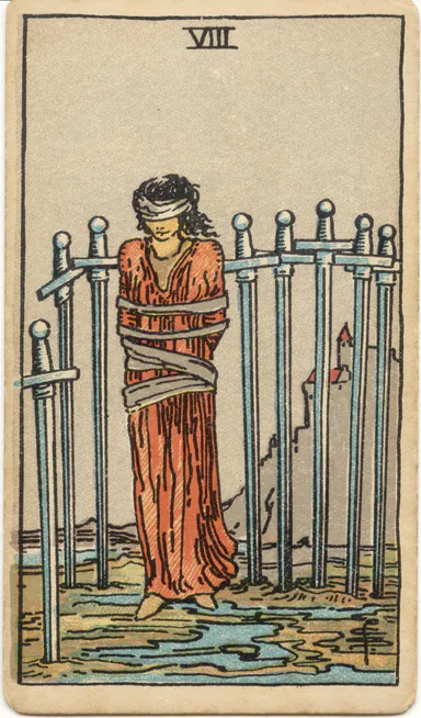 Eight of Swords — 1909 Rider–Waite–Smith Tarot card