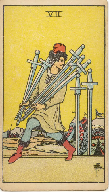 Seven of Swords — 1909 Rider–Waite–Smith Tarot card