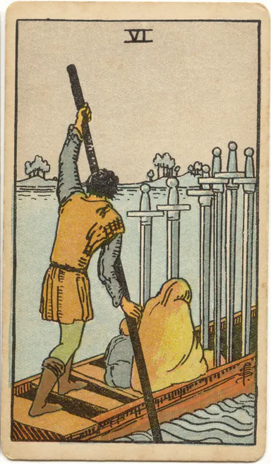 Six of Swords — 1909 Rider–Waite–Smith Tarot card