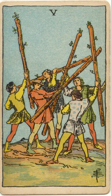 Five of Wands — 1909 Rider–Waite–Smith Tarot card