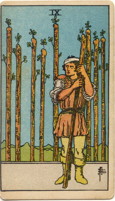Nine of Wands — 1909 Rider–Waite–Smith Tarot card
