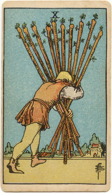 Ten of Wands — 1909 Rider–Waite–Smith Tarot card